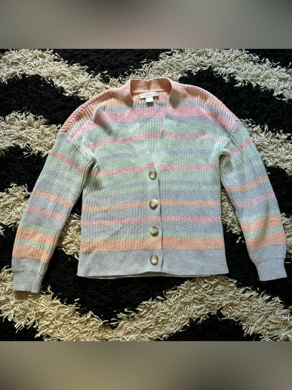 Christopher & Banks Petite Pastel Rainbow Striped Button Up Cardigan Small